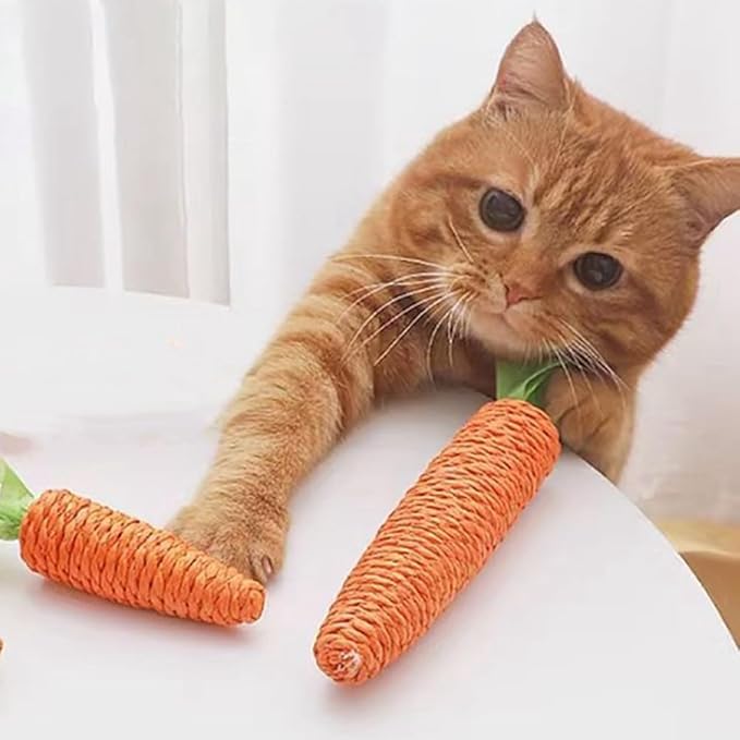 Interactive carrot sisal toy, perfect for stimulating playful cats & providing essential scratching.