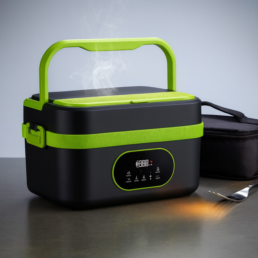 Orange portable self-heating lunch box on a white background, perfect for warm meals on the go.