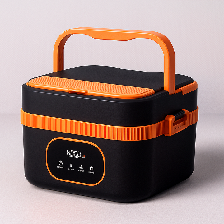 Close-up of the self-heating electric lunch box, showcasing its stainless steel interior for meal prep.