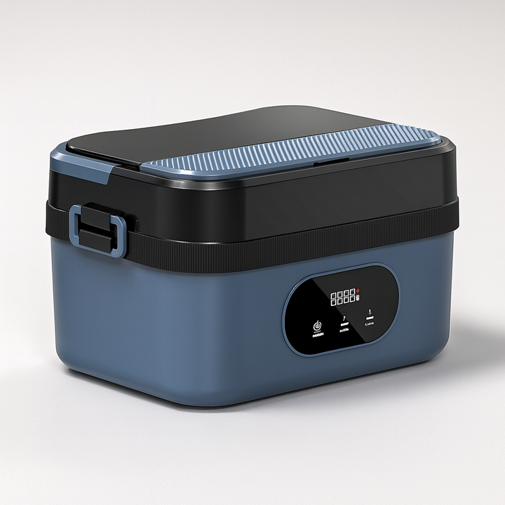 Compact rechargeable food warmer in orange, ready to provide warm meals anywhere, anytime.