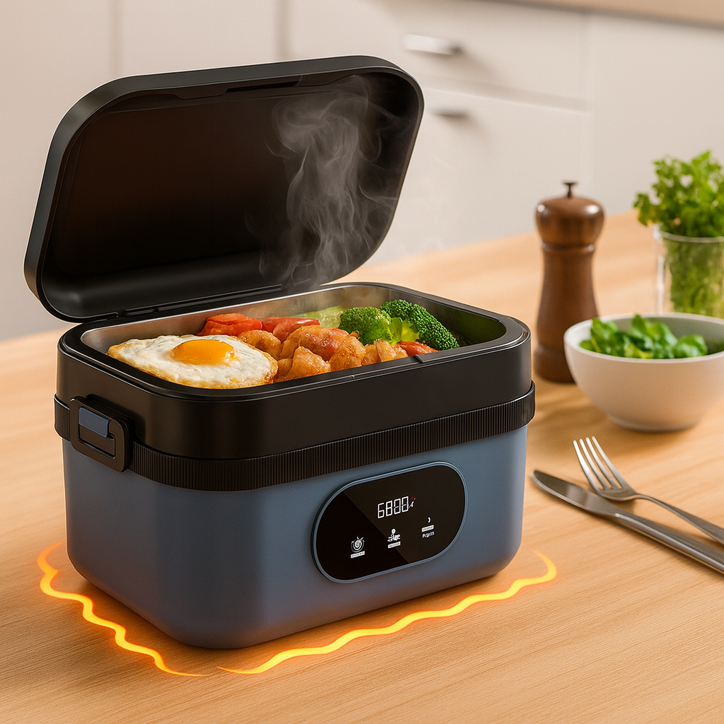 A person enjoying a warm meal from the portable self-heating lunch box at an outdoor picnic.