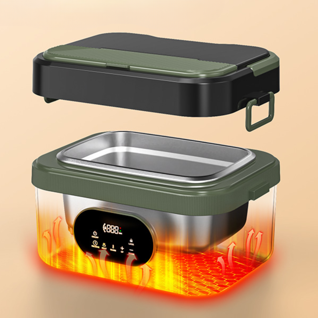 Orange stainless steel electric food warmer, designed for convenient and healthy meal prep.