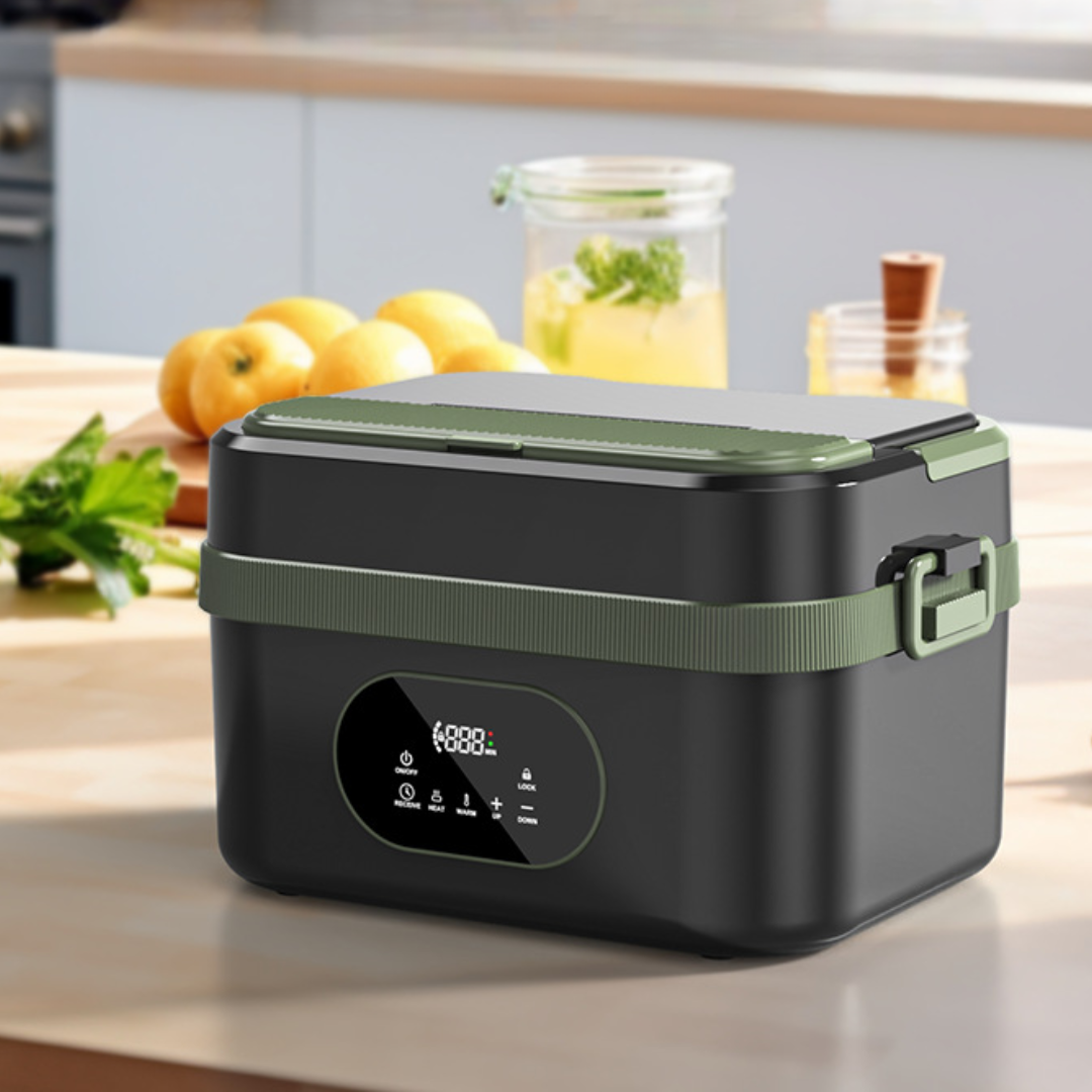 Detail shot of the heating element in the self-heating lunch box, ensuring warm food for travelers.