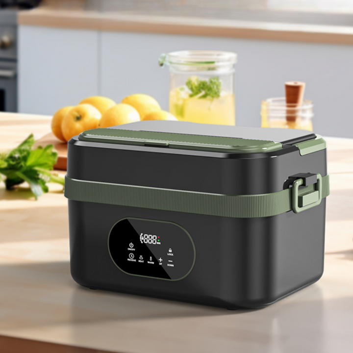 Detail shot of the heating element in the self-heating lunch box, ensuring warm food for travelers.