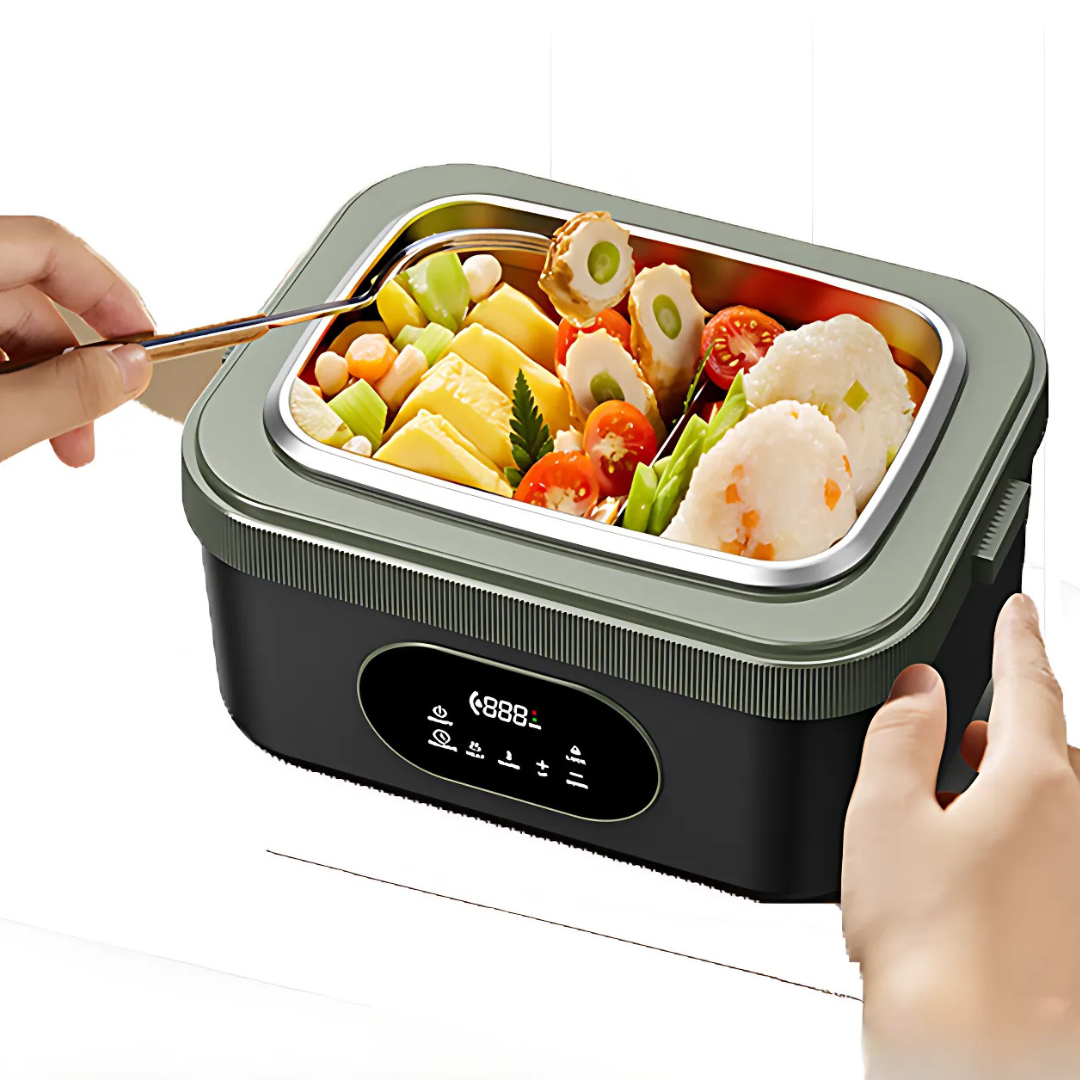 Stylish orange travel lunch box, a self-heating solution for warm office or outdoor meals.