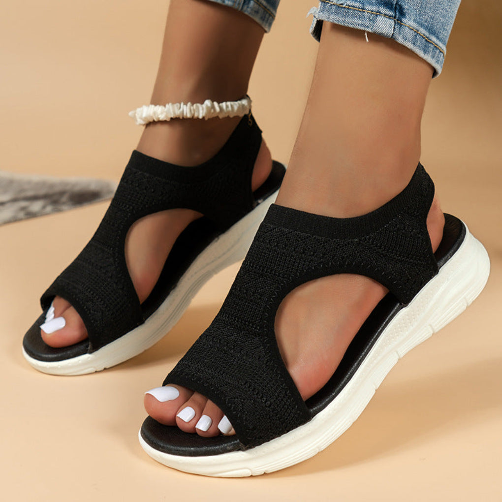 Ortho cushioned sport sandals for women with knit upper, offering arch support.