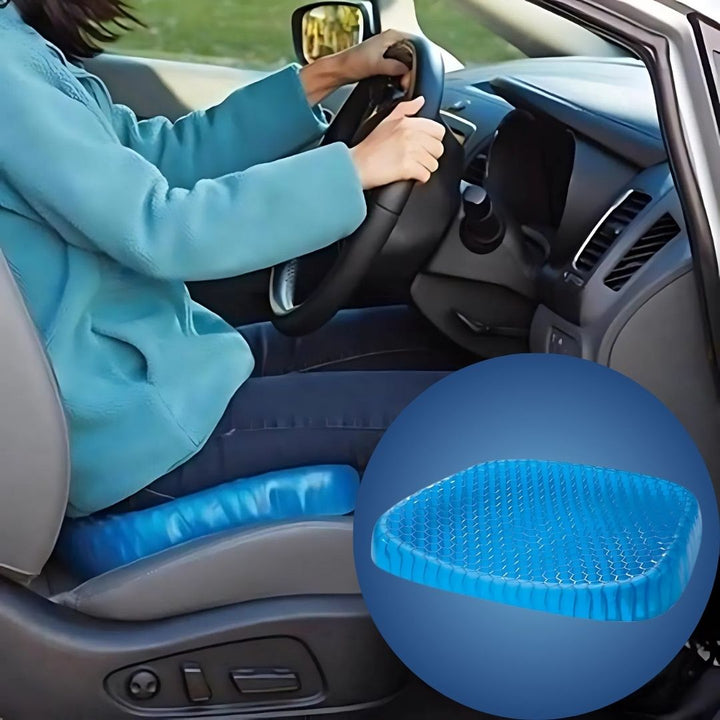 Gel orthopedic seat cushion for coccyx & lower back pain relief, enhancing comfort in office or car.