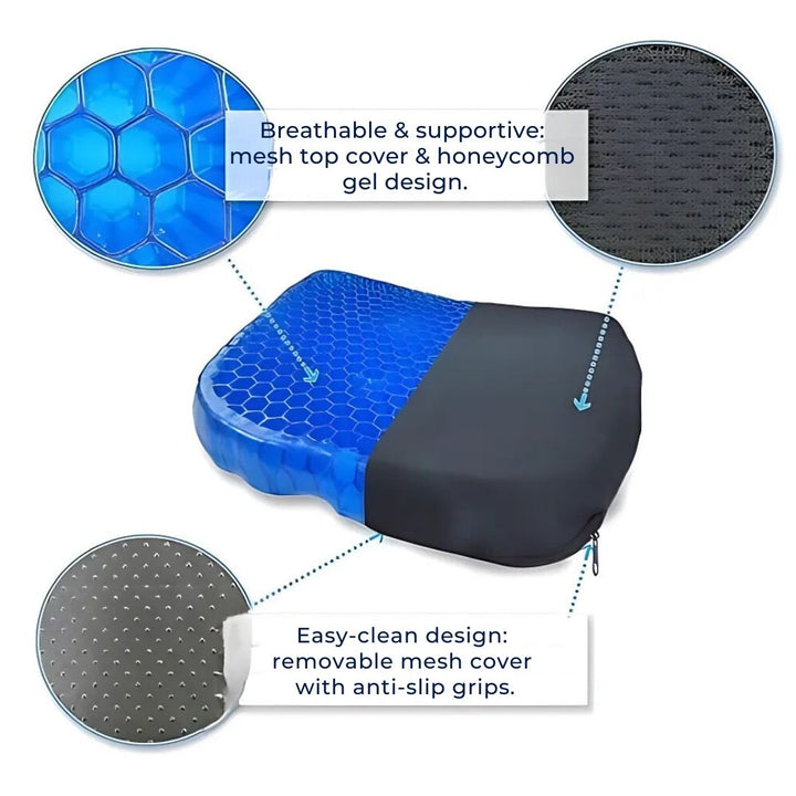 Ergonomic gel seat cushion provides back support & tailbone pain relief for office chair or car seat.