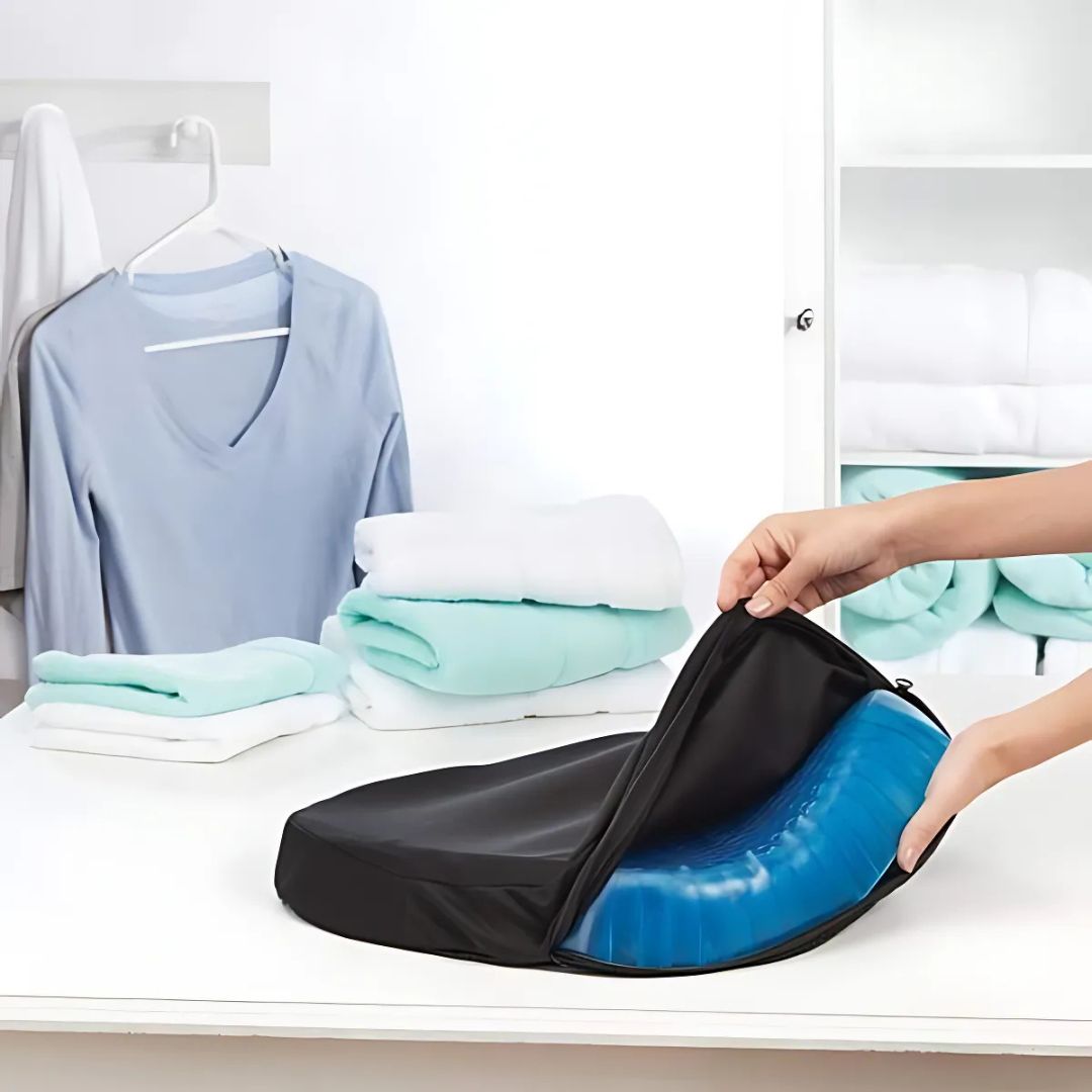 Dark grey orthopedic gel seat cushion, ergonomically designed for tailbone & back pain relief in any seat.