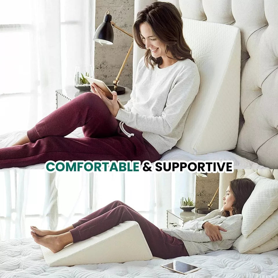 Multi-position orthopedic comfort wedge pillow for reading, leg elevation, & full body bed support.