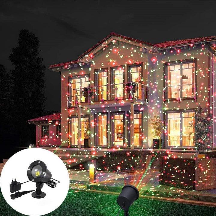 Vibrant red & green laser light projector for outdoor Christmas and holiday lighting, waterproof design.