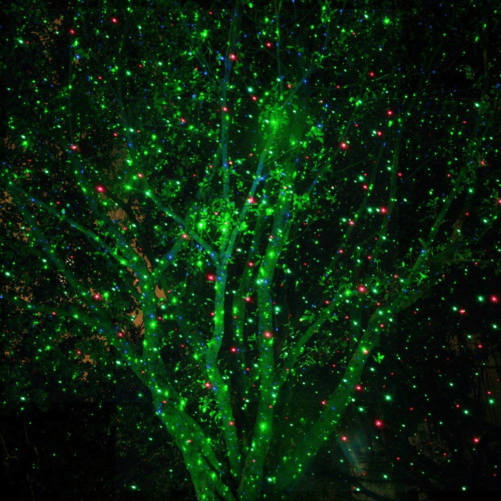Waterproof outdoor laser projector casting festive red & green lights for Christmas garden and patio decor.