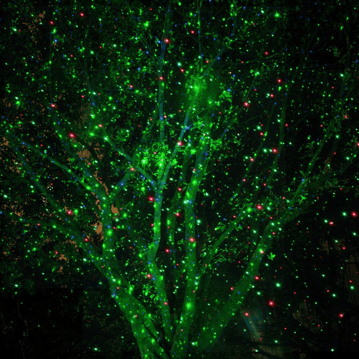 Waterproof outdoor laser projector casting festive red & green lights for Christmas garden and patio decor.