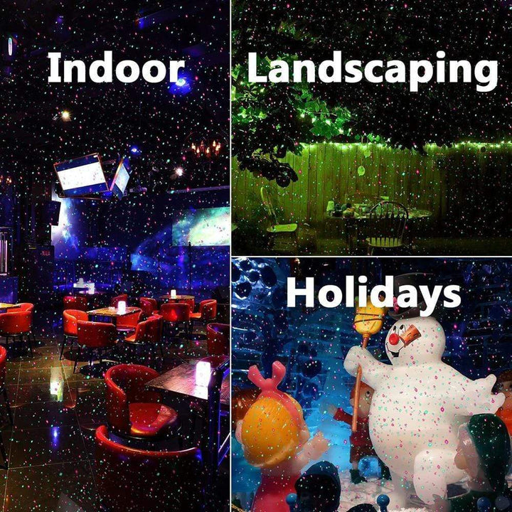 Festive outdoor Christmas laser projector for holiday lighting, featuring red & green decorative garden lights.