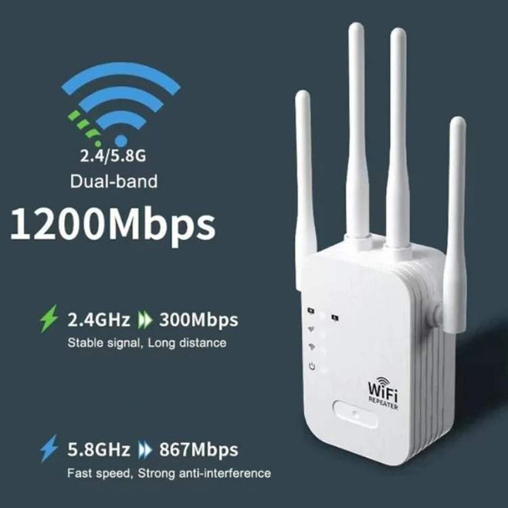 Outdoor Dual-Band WiFi Booster, 1200Mbps, extending wireless internet range for your home network.