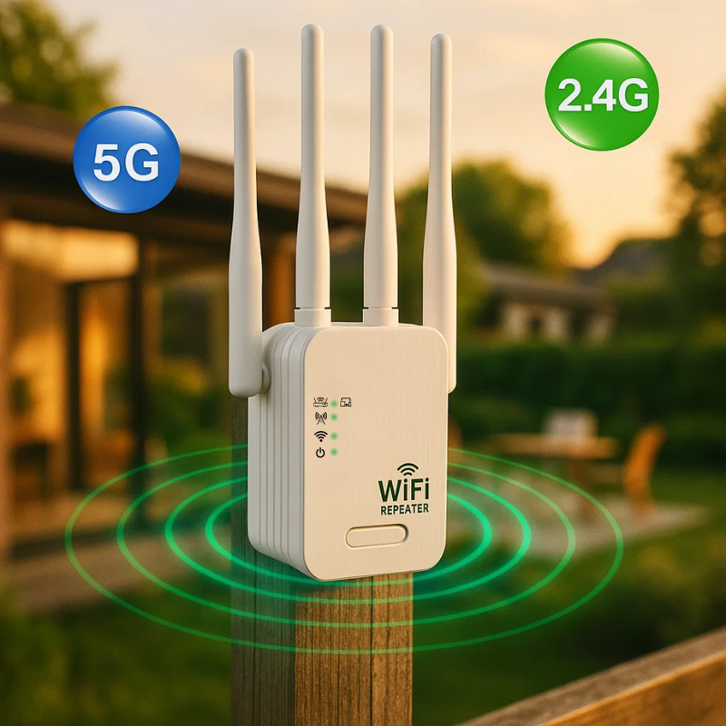 Weatherproof dual-band WiFi booster, 1200Mbps, designed for robust outdoor internet connectivity.