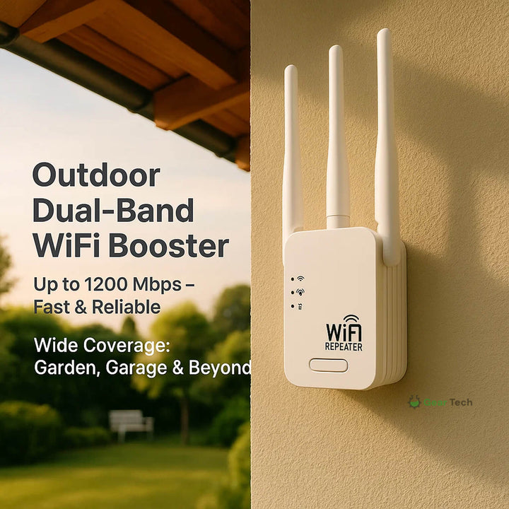 Tech gadget: 1200Mbps outdoor dual-band WiFi range extender to enhance home network signals.
