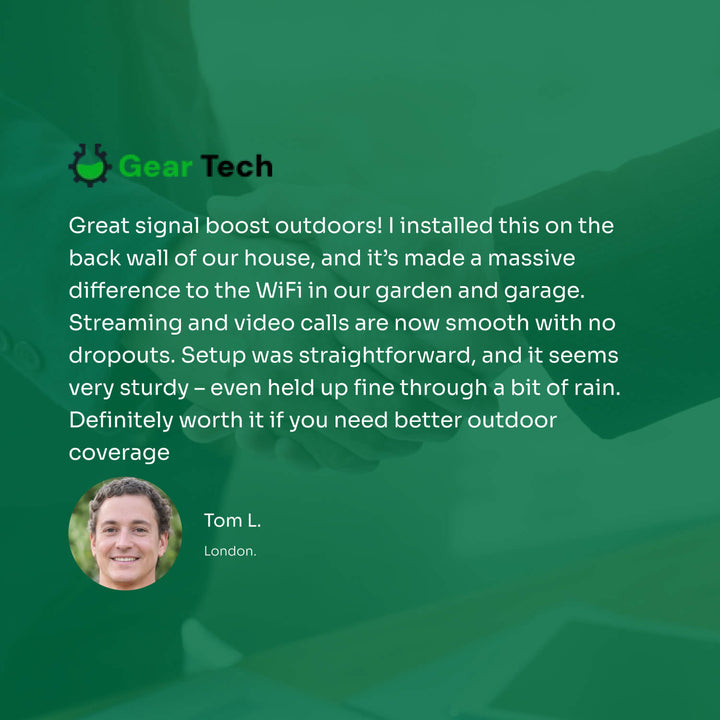 Sleek outdoor dual-band WiFi booster, 1200Mbps, delivering expanded wireless internet coverage.