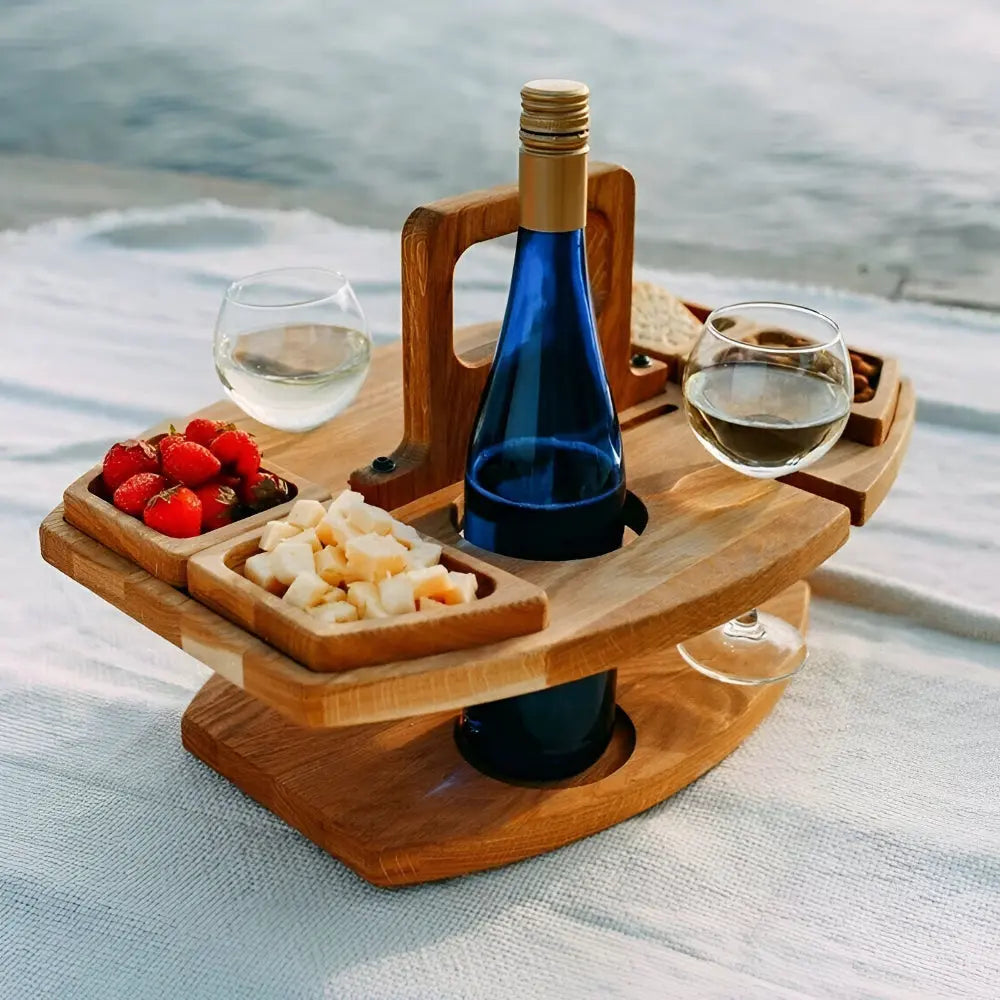 Outdoor Foldable Wooden Picnic Table with integrated glass & snack holders for portable dining.