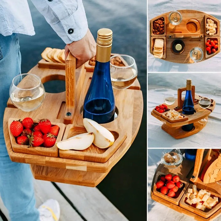 Enjoy outdoor dining with this portable wooden picnic table. Features integrated glass & snack holders for convenience.