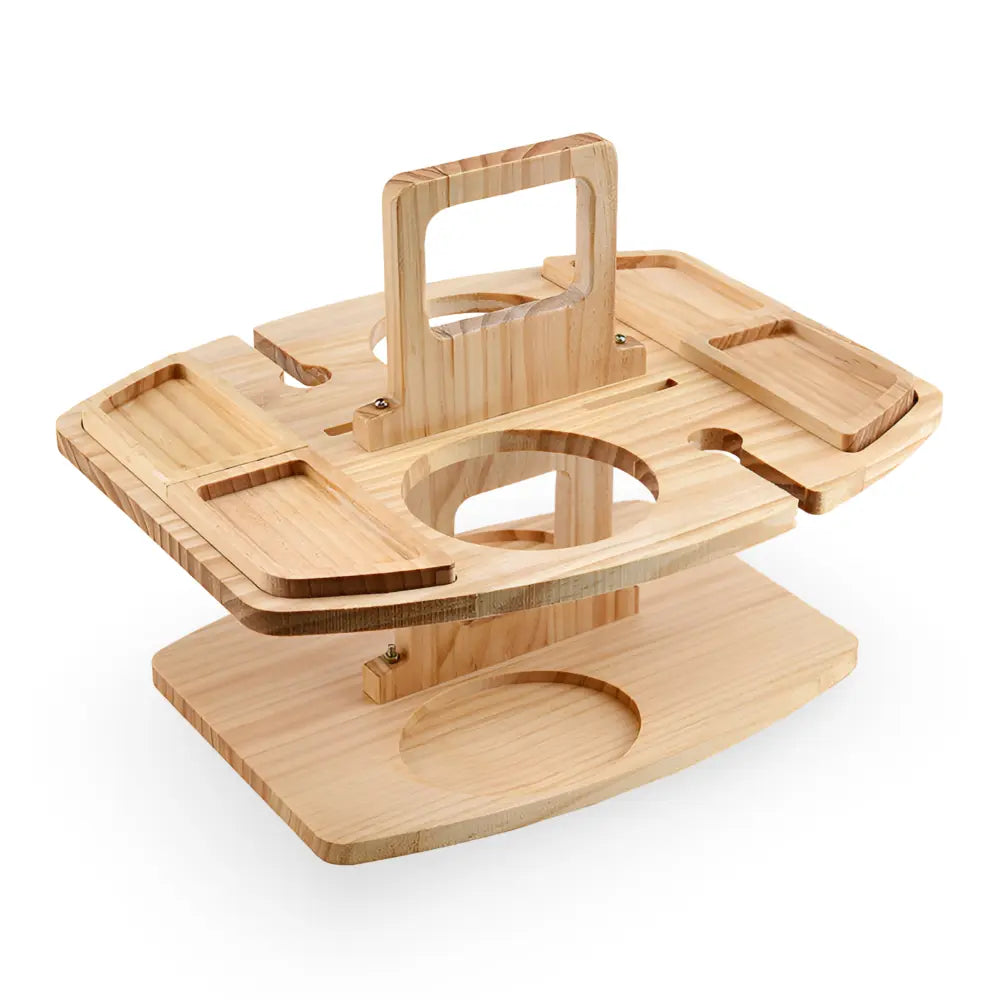 Lightweight & foldable wooden travel table with dedicated slots for wine glasses & snacks. Easy to carry anywhere.