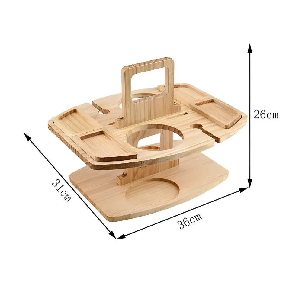 Versatile outdoor wooden table, ideal for beach picnics or garden relaxation. Features secure glass & snack compartments.