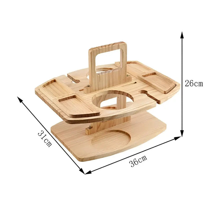 Versatile outdoor wooden table, ideal for beach picnics or garden relaxation. Features secure glass & snack compartments.