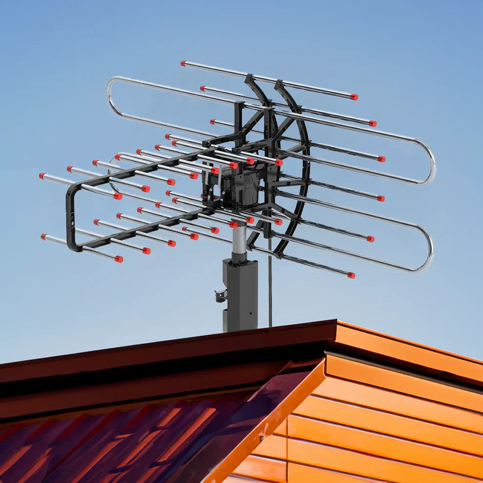 Outdoor HD TV antenna with 500+ mile range for free UHF/VHF channels & FM radio, includes signal booster.