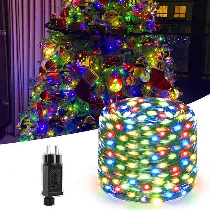 Outdoor LED string lights draped over a patio, casting a warm, inviting glow for perfect ambiance.