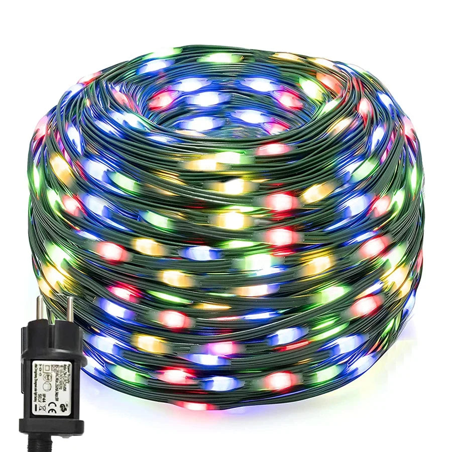 Festive multicolour & warm white LED string lights, waterproof for patio, garden, and party decor.
