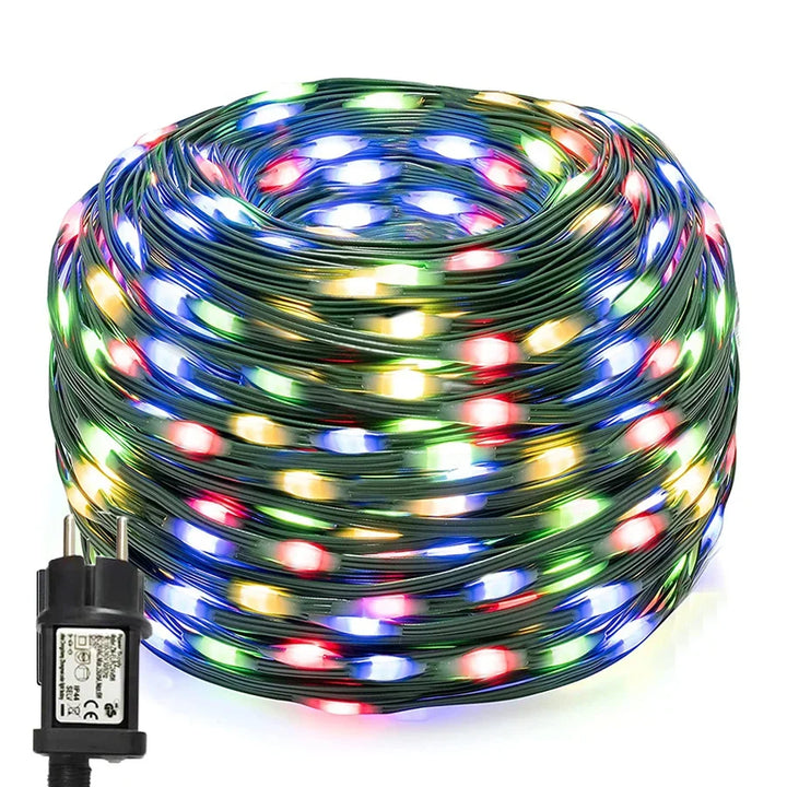 Festive multicolour & warm white LED string lights, waterproof for patio, garden, and party decor.