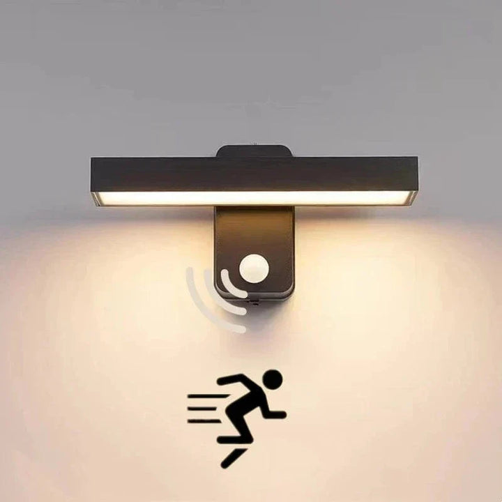 Adjustable motion sensor garden wall light, durable, provides warm white ambiance.