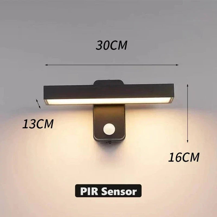 Smart exterior wall lamp with motion detection, weatherproof, perfect for entryways.