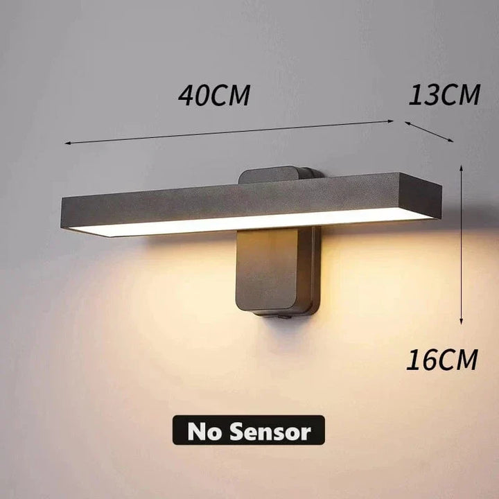 Security wall light for outdoor use, motion detector, adjustable angle, weatherproof.
