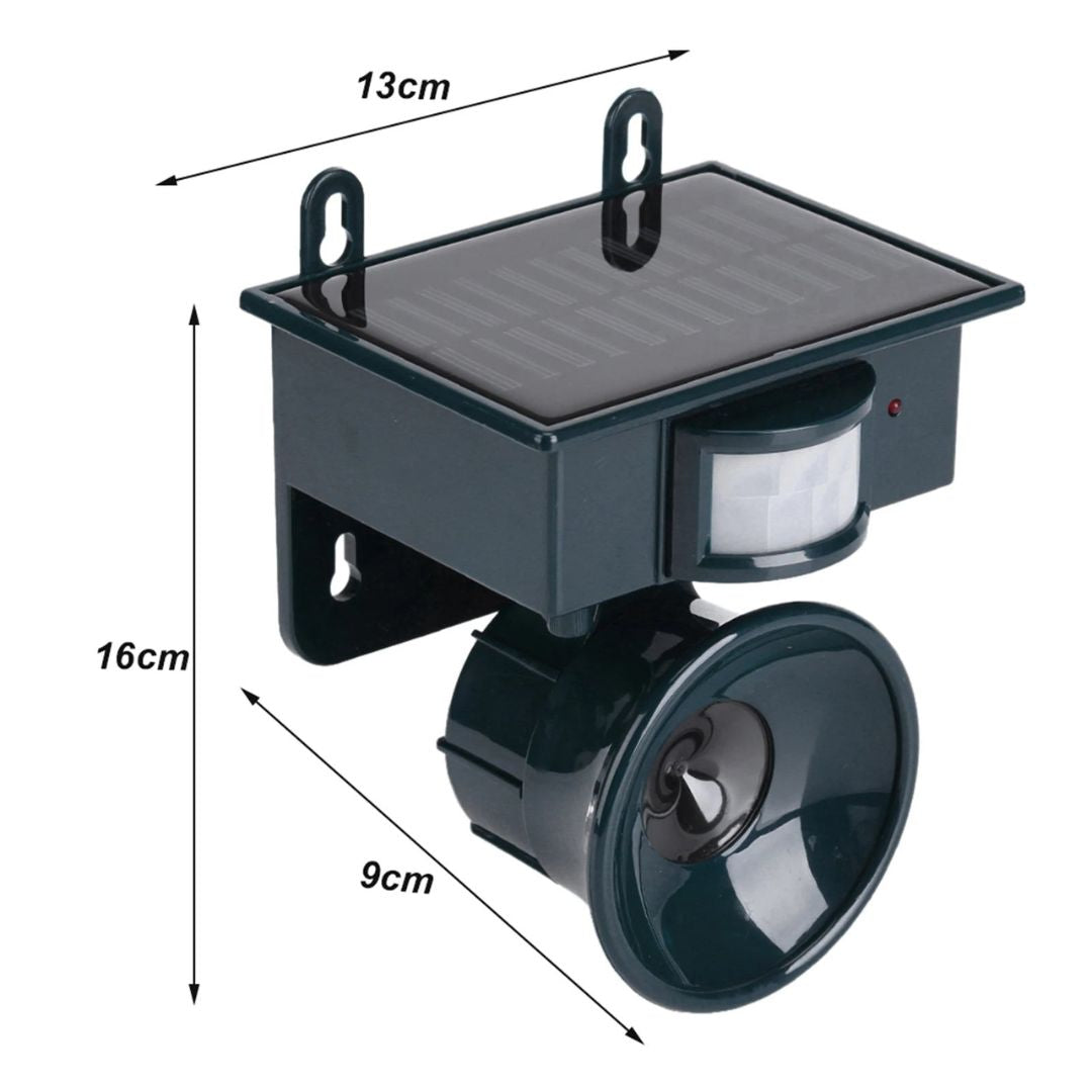 High-tech solar animal repeller with adjustable sensitivity & frequency settings.