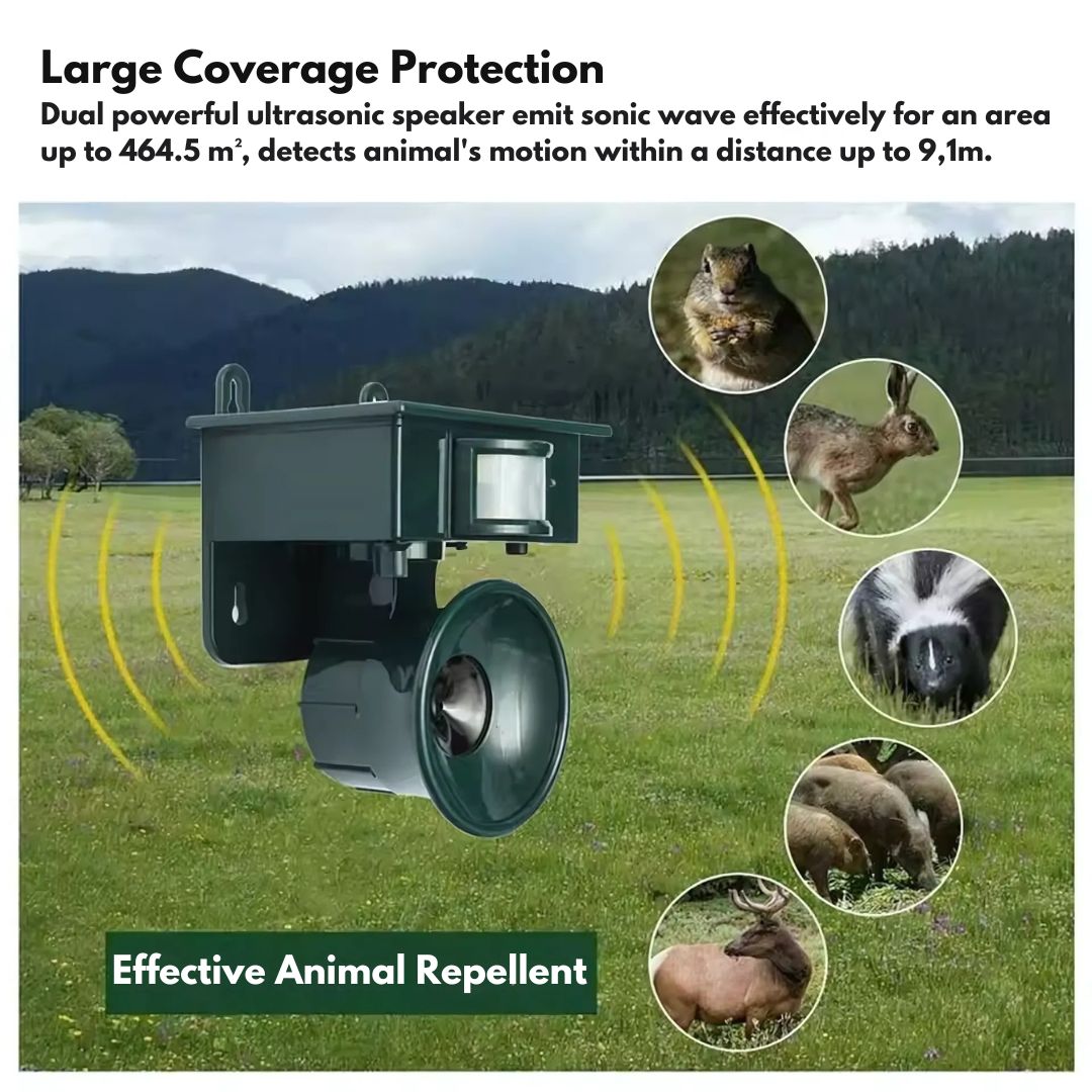 Motion sensor wildlife deterrent, solar-charged for continuous yard protection.
