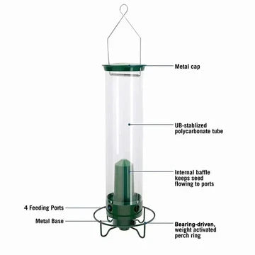 Weather-resistant outdoor bird feeder, ideal for garden bird watching, with a clever spinning perch.