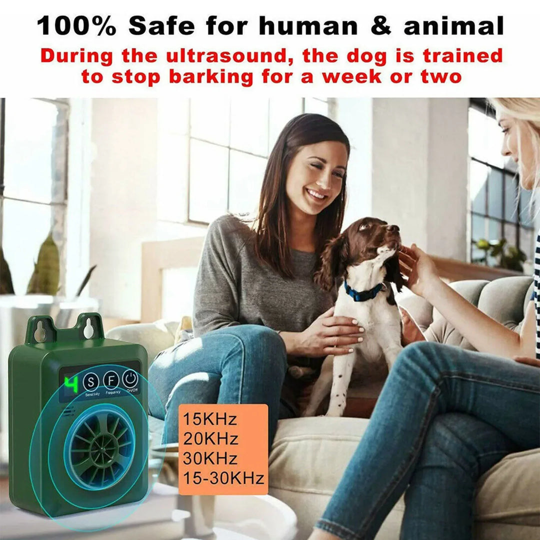 Weather resistant outdoor ultrasonic dog bark control device, perfect for humane pet training.