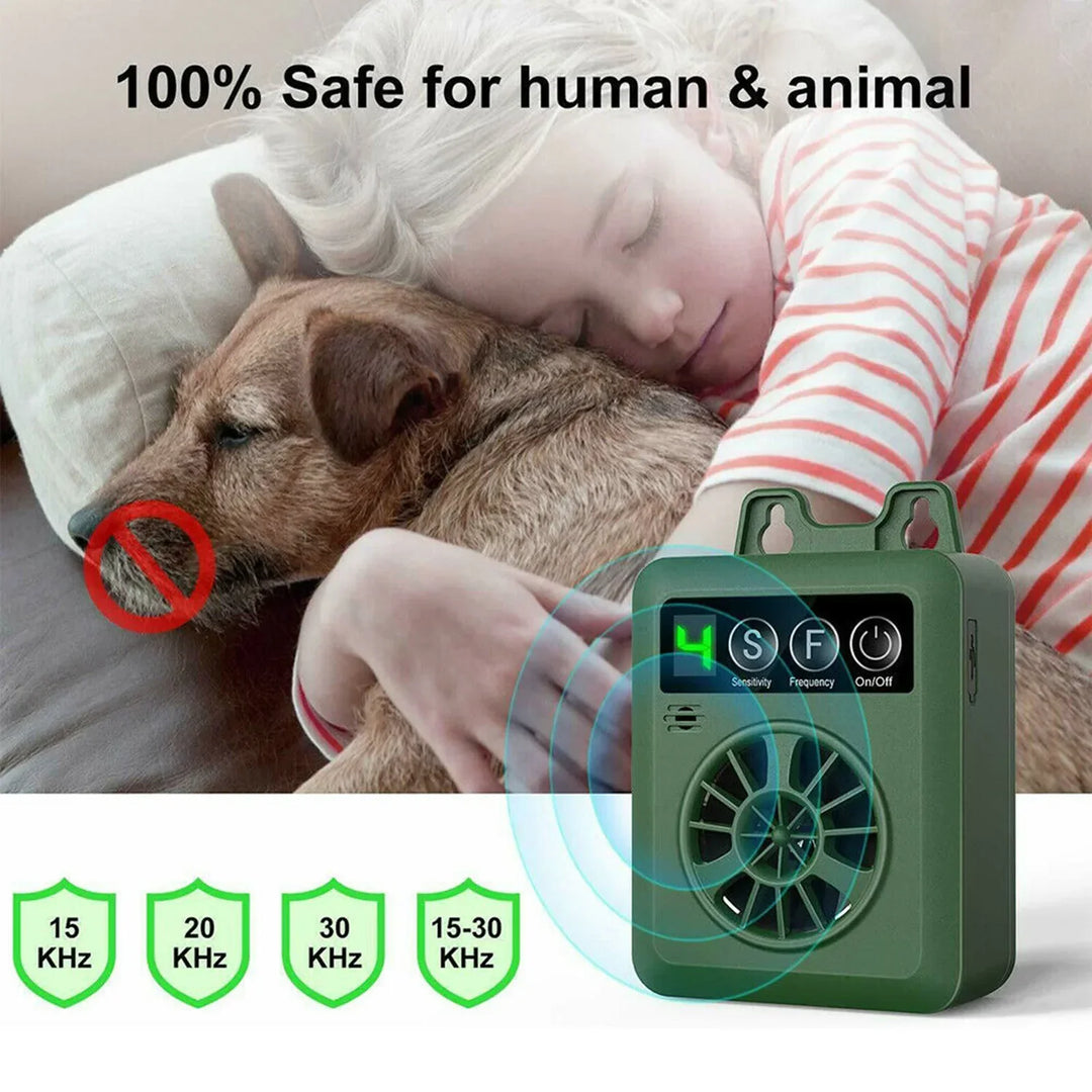 Keep your home quiet with this outdoor weather resistant ultrasonic dog bark control training device.