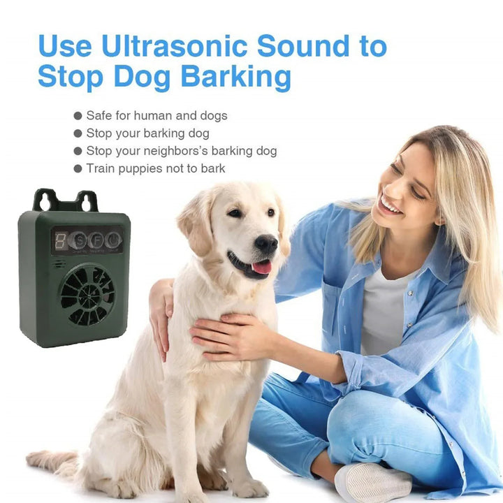 Green outdoor ultrasonic bark control device, weather resistant for effective dog training.