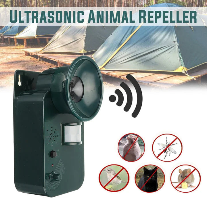 Safe electronic pest deterrent protects your outdoor space. Ultrasonic repeller for rodents, snakes, and other animals.