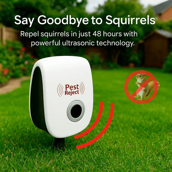 Modern outdoor pest repeller, protects your garden from squirrels and rodents with ultrasonic tech.