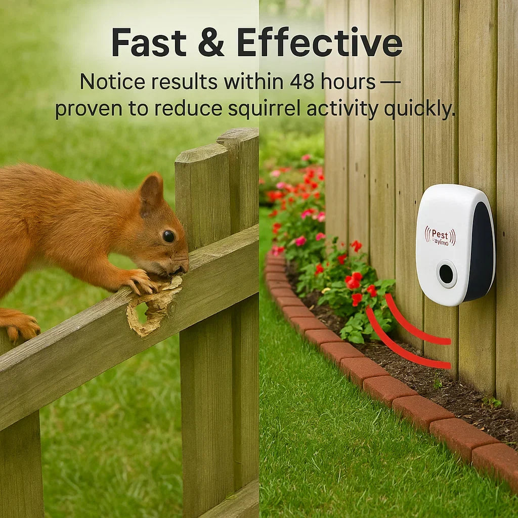 Wireless outdoor ultrasonic rodent and squirrel deterrent, keeps your yard pest-free.