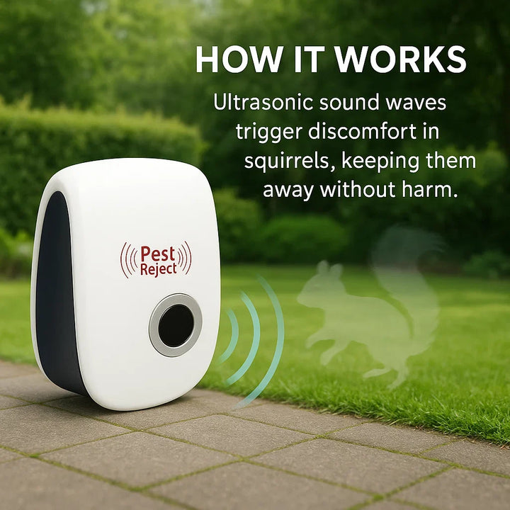 High-tech outdoor squirrel repeller using ultrasonic sound for humane garden pest control.