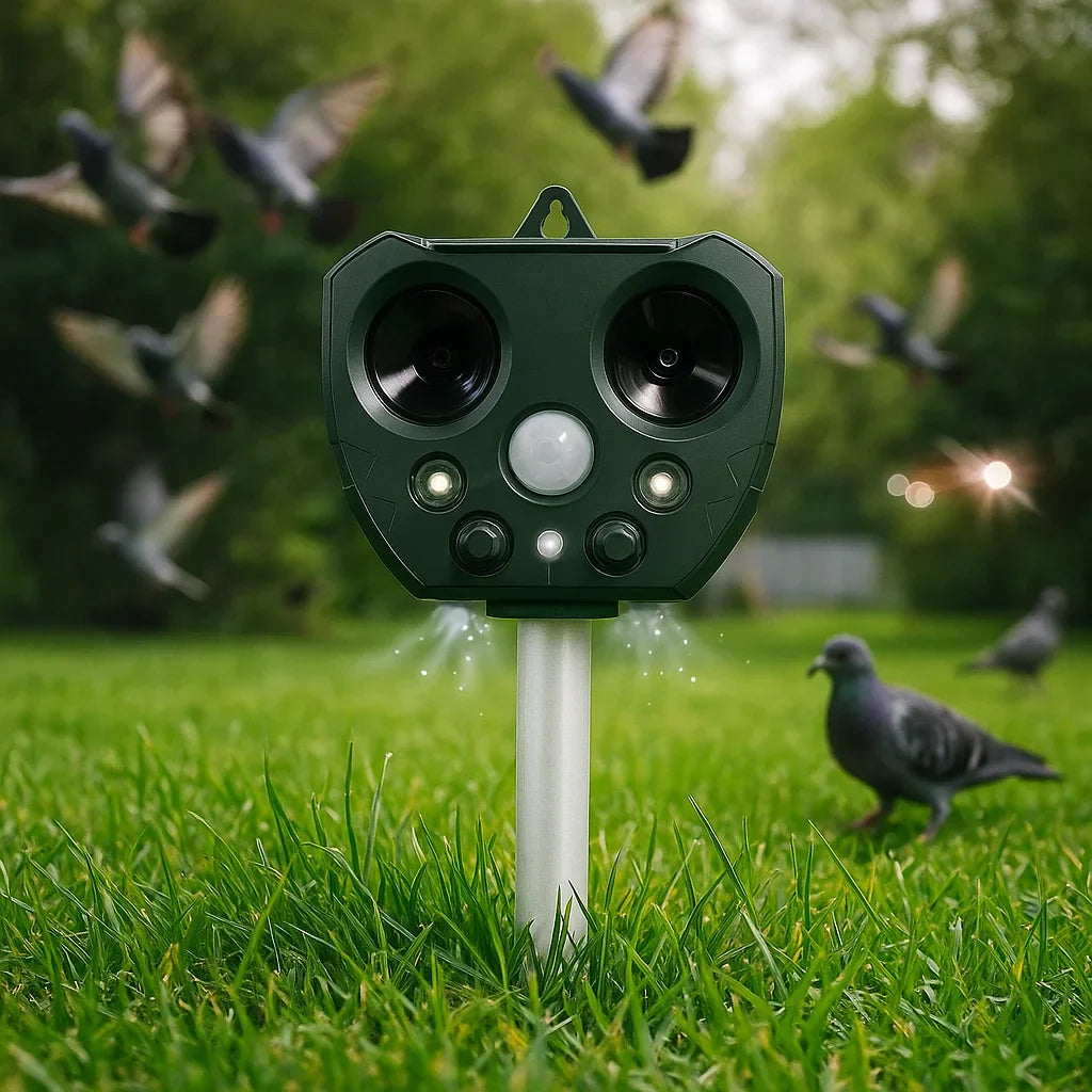 Outdoor ultrasonic pest repeller protecting a vibrant garden from birds & animals. Solar powered for effective yard defense.