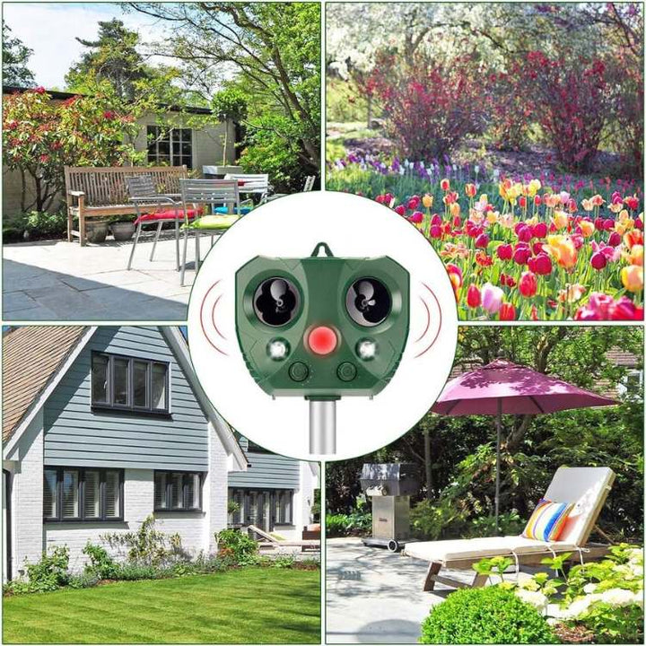 Garden featuring a discreet ultrasonic animal repeller. Effective bird deterrent and wildlife control for yard protection.
