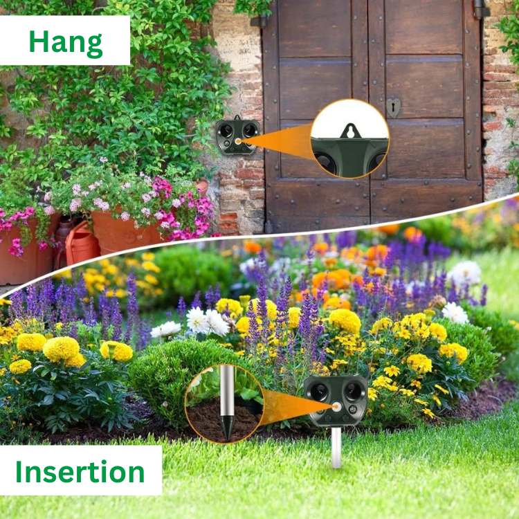 An ultrasonic pest repeller strategically placed in a flower bed, guarding against birds & wildlife. Yard defender.