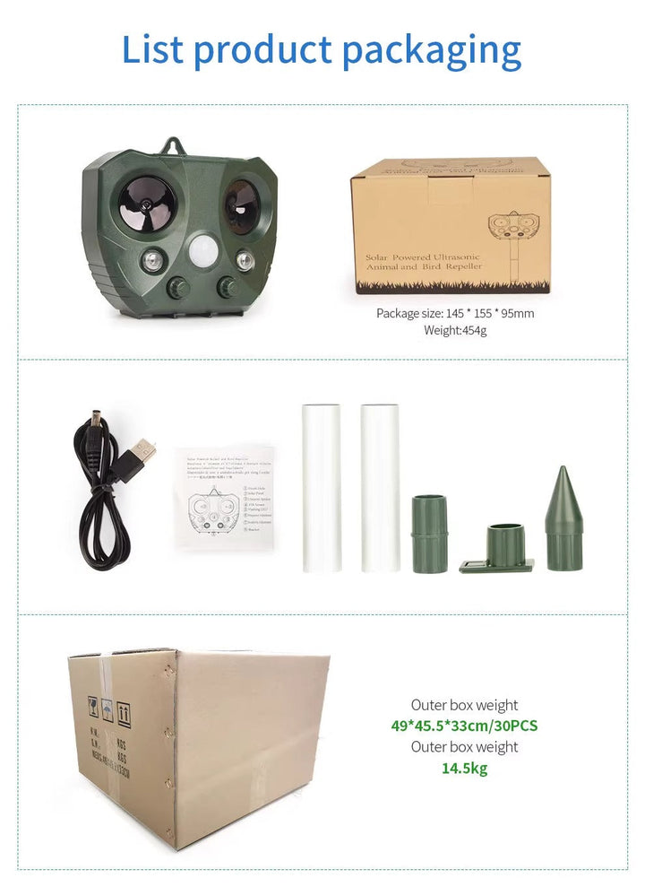 Outdoor ultrasonic pest repeller unit in a garden setting, providing humane bird and wildlife deterrent. Garden protection.