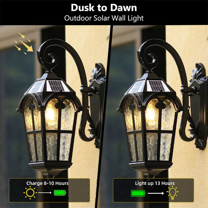 Outdoor vintage solar LED wall sconce with remote control. Perfect for patio and garden lighting.