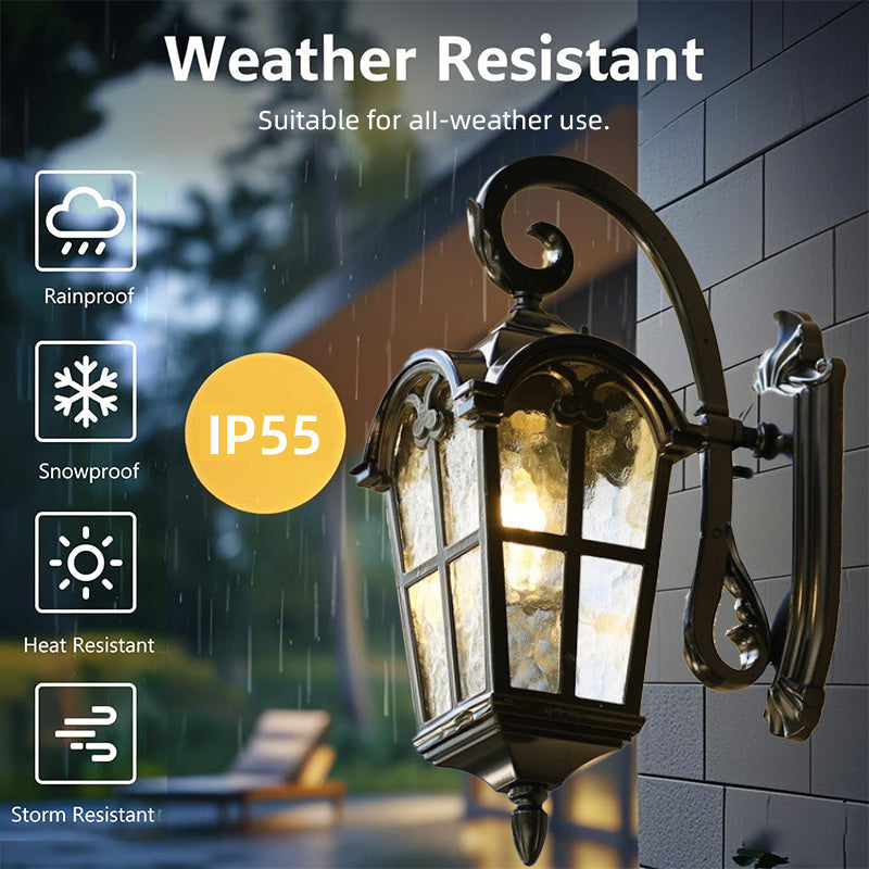 Weatherproof vintage solar wall light for garden. Remote-controlled LED sconce for patio entry.